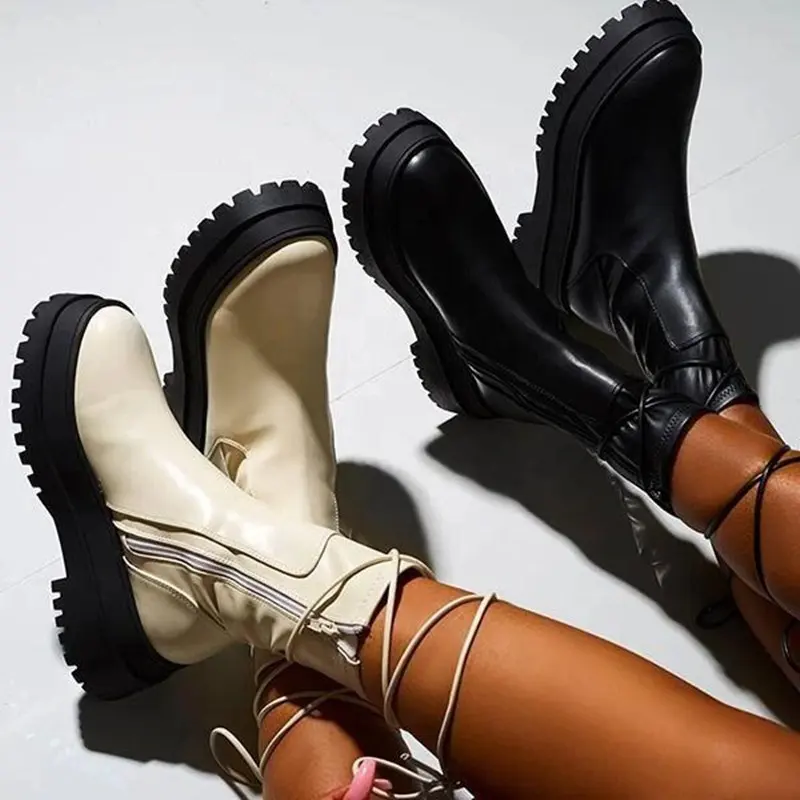 Isnom-bottines à lacets à bout rond pour femme, bottes plates, chaussures à plateforme en cuir verni, bottes d'hiver et d'automne