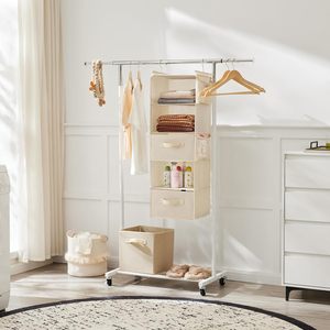 5 Tier Hanging Closet Organizer Beige Foldable Storage <b>Shelf</b> With <b>Hooks</b> For Bedroom Neatening - Product Image 6