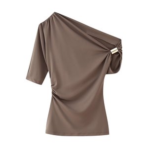 Osisa 2025 – Nouveau T-shirt d'été pour femme avec boucle métallique, élégant, <span class=keywords><strong>asymétrique</strong></span> à épaule dénudée, manches courtes simples - Product Image 4
