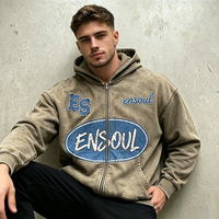 Sweat à capuche zippé pour homme en molleton bouclette 100% coton, délavé à la pierre, grammage lourd, coupe oversize à épaules tombantes, avec appliqué imprimé numérique personnalisé