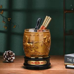 Porte-stylo en métal rond avec motif de défilement Qingming en relief doré, ornement de bureau, rangement, cadeau - Product Image 2