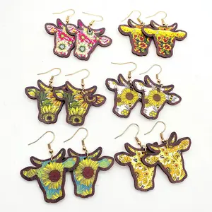 Wholesale Vintage Wooden Dangle Earrings Western Farm Cow Head Sunflower Bohemian Earrings For Women