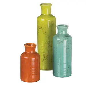 Keramische Vaas Art Moderne Set Van 3 Decoratieve Kraakte Vazen In Oranje, Groen En Blauw