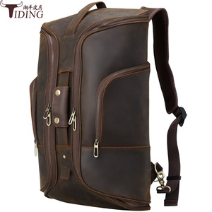 Tiding Genuine Leather Laptop <b>Backpack</b> 20-35L Multifunctional Men's Travel Bag Dark <b>Brown</b> - Product Image 1