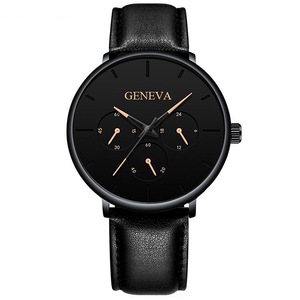 Venta caliente de tres ojos,. Los hombres de la correa de cuero de la PU de <span class=keywords><strong>Ginebra</strong></span> reloj de cuarzo con bajo precio relojes - Product Image 1