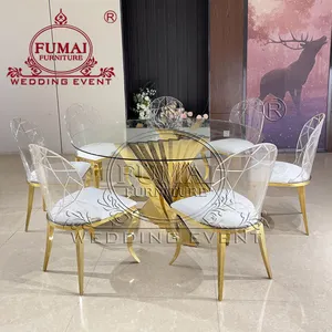 Luxury Restaurant Furniture Set Dining Room 8 Chairs Round Glass Dining Tables