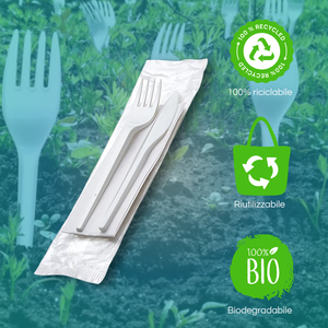 Set di posate in plastica bianca riutilizzabili, forchetta, coltello, tovagliolo, stoviglie per feste - Product Image 3