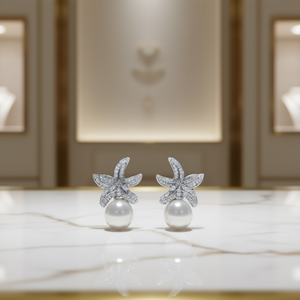 BICK-M Orecchini a lobo con fiore in oro bianco, perle imitate, diamanti taglio brillante rotondo, gioielli romantici da donna per feste - Product Image 2