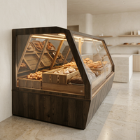 Vitrine d'îlot de boulangerie personnalisée avec cadre en bois et verre trapézoïdal incliné pour pâtisserie