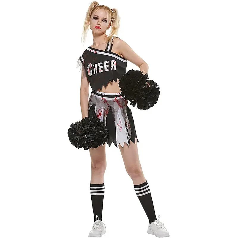 Kostum Halloween Cheerleader seksi anak muda kuliah kualitas tinggi untuk gadis remaja & dewasa horor untuk malam Cosplay empuk