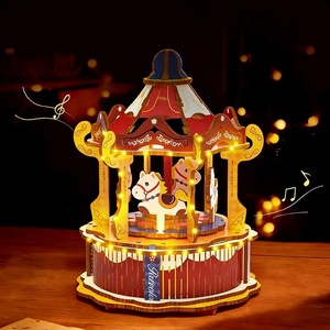 Boîte à musique éducative en bois <span class=keywords><strong>3D</strong></span> : Kits de construction DIY pour enfants, modèles de carrousel rotatif et d'avion avec lumière et musique - Product Image 5