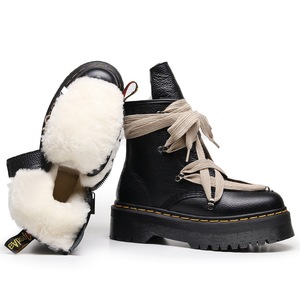 Real wool high-top crosslaced motorcycle boots for women personalized short boots, genuine leather shoes six-<b>pointed</b> star design - Product Image 5