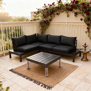 Ensemble de canapé d'extérieur en forme de L 5 places avec table basse, structure en métal thermolaqué, couleur personnalisable, coussins en mousse haute densité résistants aux intempéries - Product Image 2