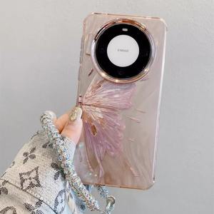 <span class=keywords><strong>Coque</strong></span> de téléphone portable en gaze <span class=keywords><strong>rose</strong></span> demi papillon pour <span class=keywords><strong>Huawei</strong></span> Mate 60 Pro Mate 40 P70 P50 avec lanière incluse - Product Image 3