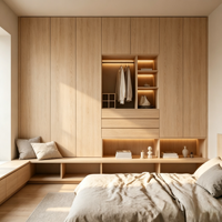 Armoire modulaire en bois massif sur mesure avec coiffeuse intégrée et miroir, design moderne pour hôtel et chambre à coucher
