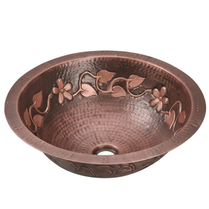 Évier de cuisine rond en cuivre fait main élégant avec motif floral, finition mate, à poser sur le comptoir, à cuve unique, style rustique - Product Image 4