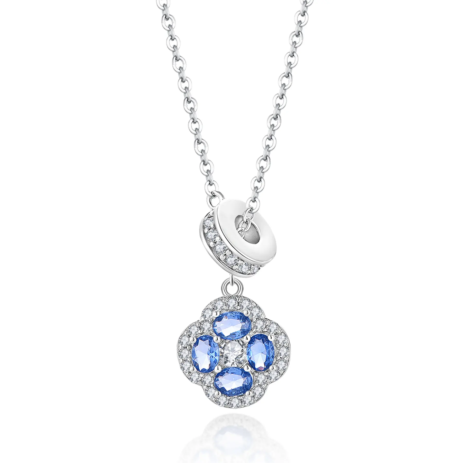 Colar feminino com pingente romântico de prata esterlina 925 azul zircão de quatro folhas trevo flor QX Custom OEM