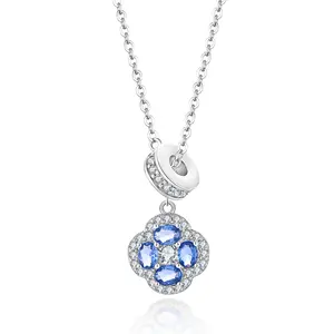 QX CUSTOM OEM Fine Jewelry Blue Zircon 925 Sterling Silver 4 Leaf Clover Flower Romantic Pendant Women Necklaces