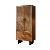 Armoire en rotin en bois massif de style mi-siècle, armoire de rangement, style wabi-sabi, chambre d'hôtel, armoire à deux portes