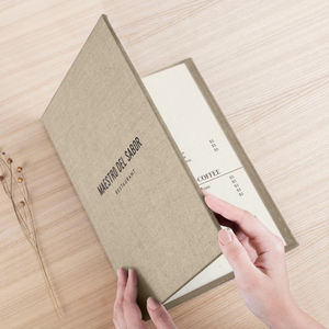 Nouveau porte-menu en tissu <span class=keywords><strong>avec</strong></span> texture de lin, reliure lâche, pliage <span class=keywords><strong>fixe</strong></span>, pour restaurant, bar, traiteur, menu personnalisé <span class=keywords><strong>avec</strong></span> logo estampé or - Product Image 5