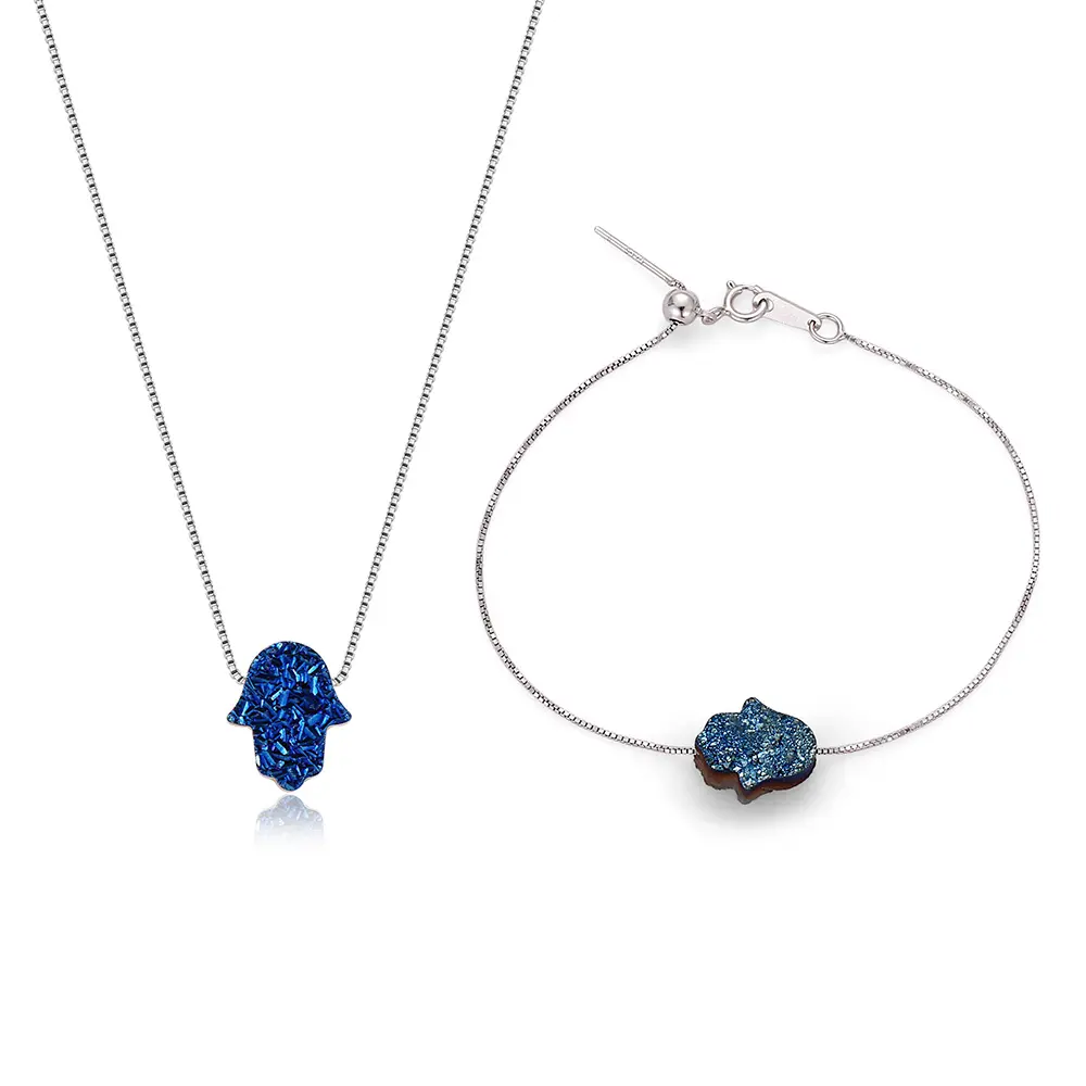 Collier réglable en cristal d'agate naturelle druzy hamsa, pendentifs à main, bracelets en argent sterling 925, ensemble de bijoux de mode pour femme