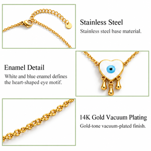 Collier pendentif cœur en acier inoxydable doré avec émail, plaqué or 14K sous vide, chaîne réglable 40+5 cm, 3,8 g - Product Image 2