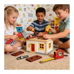 Interactive Construction <b>Tool</b> Toys <b>Set</b> Wooden Workbench Toolbox Engineer Drill Pretend Play Learning Development Activity Toy - Product Image 3
