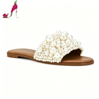Sandales plates chic pour femmes, ornées de perles, style preppy, pour rendez-vous galants, à enfiler, classiques, pour les vacances, mules ouvertes, chaussures d'été OEM