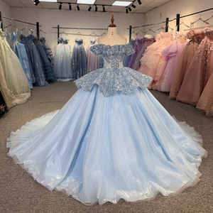 8507 <b>Blue</b> Sparkle Tulle Quinceanera Dress Strapless Sequin Bodice Organza for Party - Product Image 2