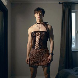 New leopard print hollowed-out plus size cross-dressing male role-playing uniform tight dress flirting couple cross-dressing - Product Image 2
