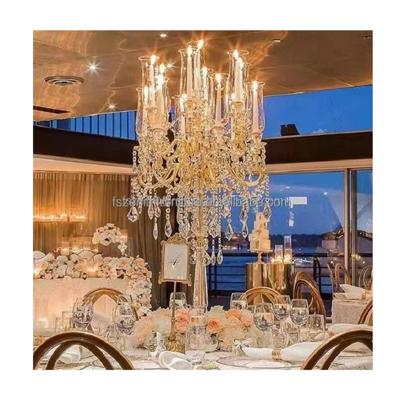 Wedding event centerpieces 9 arms metal gold tall hurricane candelabra with hanging crystal decoration