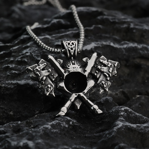 Yunnique – collier avec pendentif tête de loup Viking en acier inoxydable pour hommes, avec double hache, forme animale, style Punk, design géométrique - Product Image 2