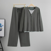 Ensemble pull tricoté pour femme, col en V, fermeture éclair, manches longues, pantalon large, tenue décontractée d'automne, 100 % coton, anti-plis