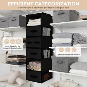 Organisateur de placard suspendu avec 6 étagères, 5 tiroirs, 6 poches latérales, en tissu non tissé détachable, pour le rangement des vêtements dans la chambre, type crochet - Product Image 5