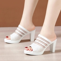 Nouveaux styles 2026 – Mules en cuir verni noir à paillettes, bout ouvert, sexy et élégantes, talon carré de 8 cm pour femme