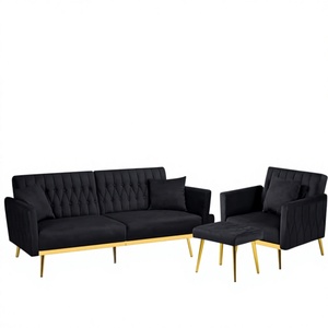 Modern Tufted Velvet <b>Sofa</b> Set Black with Gold Legs 2 Seater <b>Wood</b> <b>Frame</b> Recliner Square Shape Living Room Furniture Futon - Product Image 3