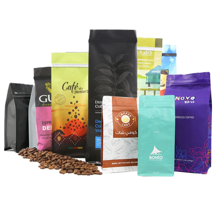 Pla Biologisch abbaubarer Seiten zwickel mit flachem Boden Benutzer definierte Kaffeebohnen Verpackung 100g 150g 250g 500g 1kg Kaffee beutel mit Ventil