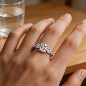 Anillo de Compromiso Moderno para Mujer, con Tres Piedras Redondas de Moissanita con Corte Brillante, Engaste de Plata 925, Bañado en Plata Sólida, en Oferta - Product Image 6