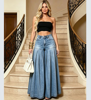A0512-jeans Femme 2026 Jean taille haute à volants, coupe large, en denim, décontracté
