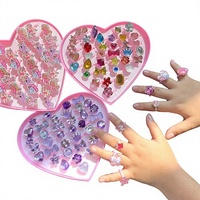 Set Cincin Resin Plastik Berkilau Berlian Imitasi Kristal Desain Bunga Putri Kecil Lucu untuk Anak-anak untuk Bayi Perempuan