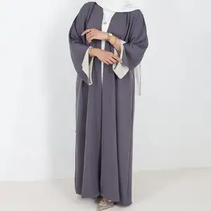 작은 MOQ 사용자 정의 투톤 두 번 기모노 이슬람 의류 카디건 이슬람 여성 드레스 슬릿이있는 긴 소매 겸손한 아바야