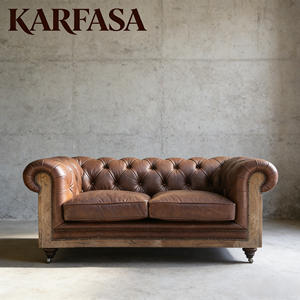 Sofa Dua Dudukan Kulit Sapi Asli Chesterfield Gaya Vintage Amerika untuk Ruang Tamu dengan Gaya Antik Kayu - Product Image 3