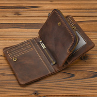 Dompet Pendek Kulit Asli Retro Wanita Baru dengan Kantong Koin Ber-resleting, Kancing Tekan, Banyak Slot Kartu, Desain Lipat Dua, Crazy Horse