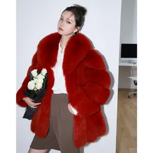 新款上市奢华设计长款皮草夹克保暖皮草大衣红色狐狸皮草外套适合女性