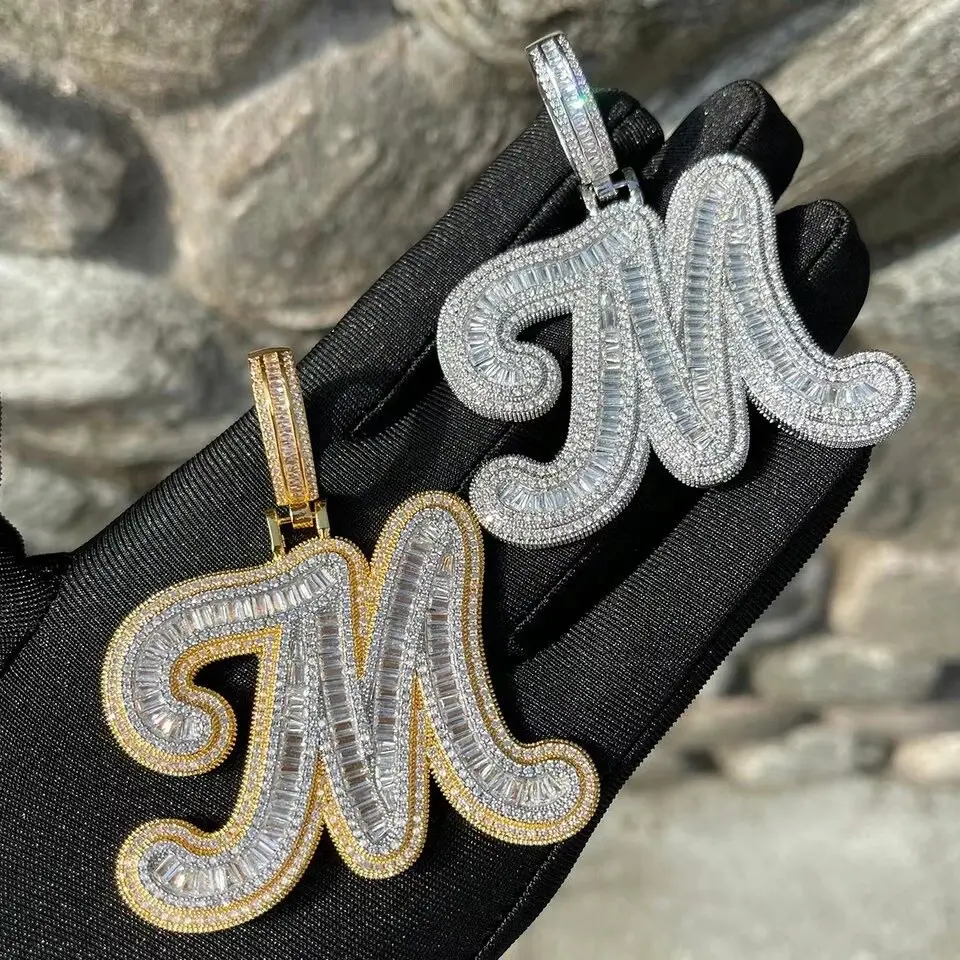 Shiny Iced out 5A copper fully baguette cubic zirconia diamonds initial letter zircon necklace pendant