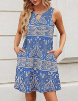 Robe d'été ample pour femme, imprimé floral, col en V, mini-robe de plage ajourée, poches, respirante, longueur midi, 2XL, naturelle