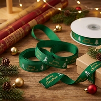 Ruban de Noël vert E-Magic, ruban gros-grain avec motif d'arbre blanc pour l'emballage de boîtes cadeaux saisonnières