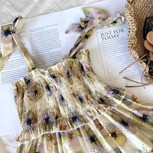 Robe <span class=keywords><strong>Fille</strong></span> en Coton Tissé à Imprimé Floral Bohème Numérique, Sans Manches, Bretelles à Nouer, Ourlet Volanté Étages, Coupe Trapèze, Respirante - Product Image 3