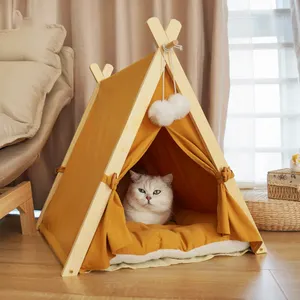 Groothandel Opvouwbare Katoen Hout Linnen Cave Bed Hond Kat Tipi Huis Huisdier Air Cot Met Verwijderbare Luifel Schaduw Tent