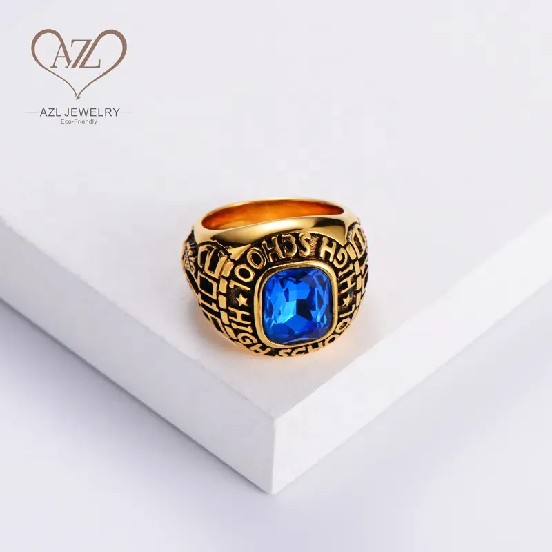 fashion jewelry 18K gold plated blue stone US army casting rings for men